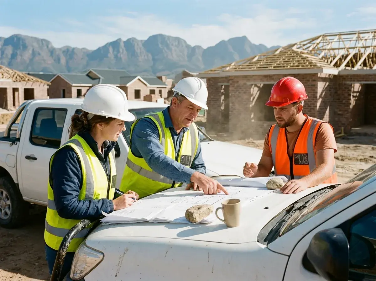 Developer, architect and engineer reviewing site plans at a new estate under construction
