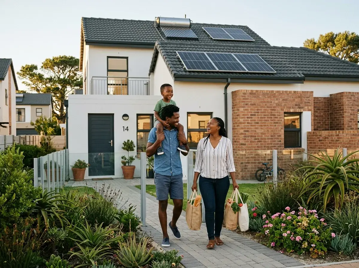 Family outside their duplex home, with solar panels visible on the roof above