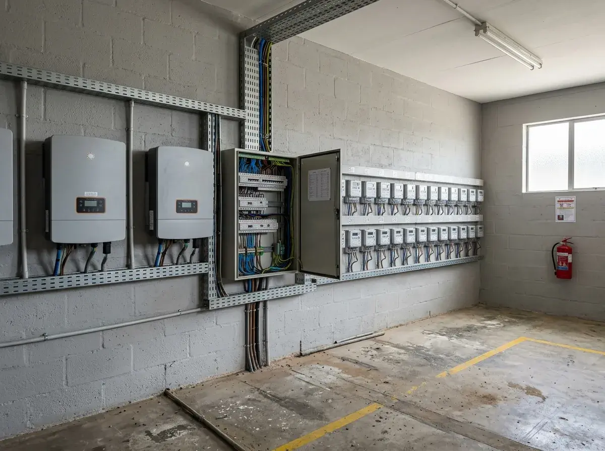 Estate electrical room with two wall-mounted inverters, a distribution board and a neat row of unit meters