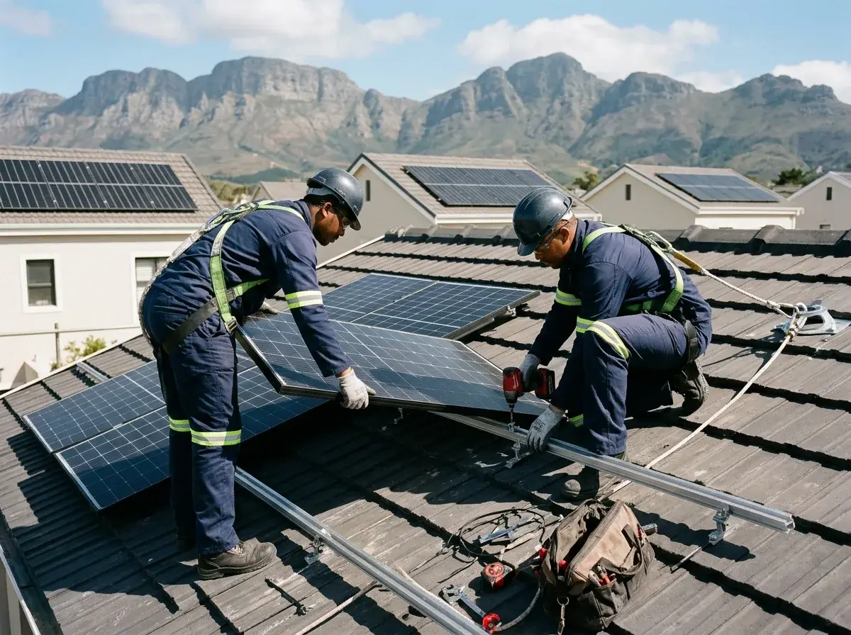 Installers in hard hats and harnesses fixing solar panels to mounting rails on a townhouse roof